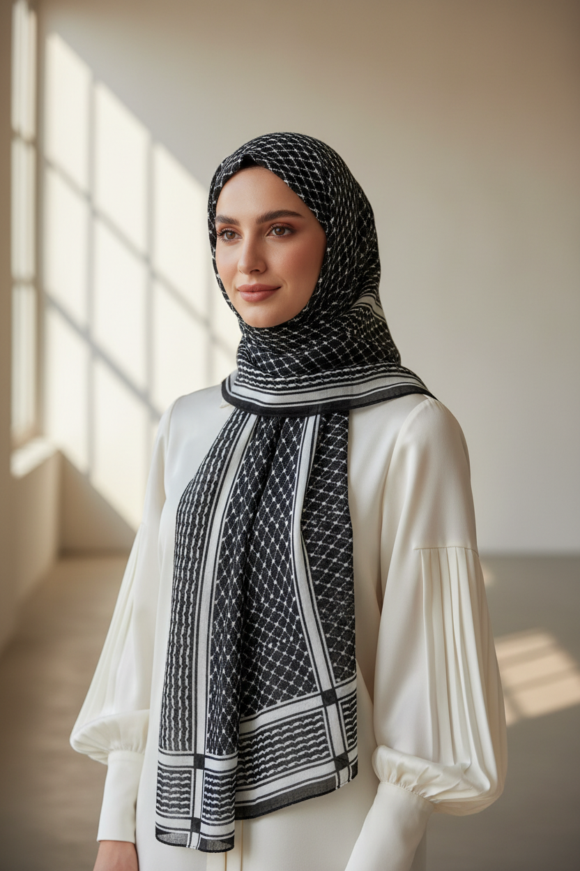Urban Veil - Kiffayah Premium Printed Modal Hijab - Model Wearing Black