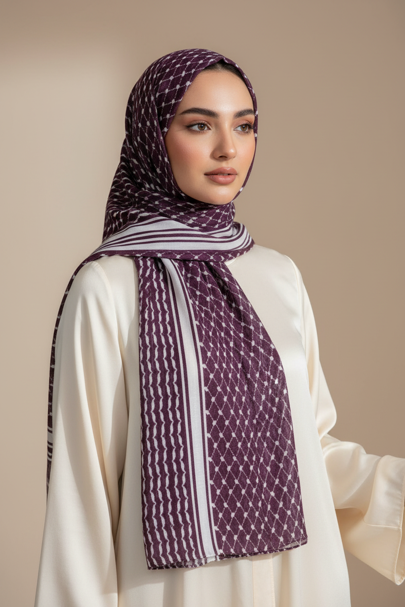 Urban Veil - Kiffayah Premium Printed Modal Hijab - Model Wearing Burgandy