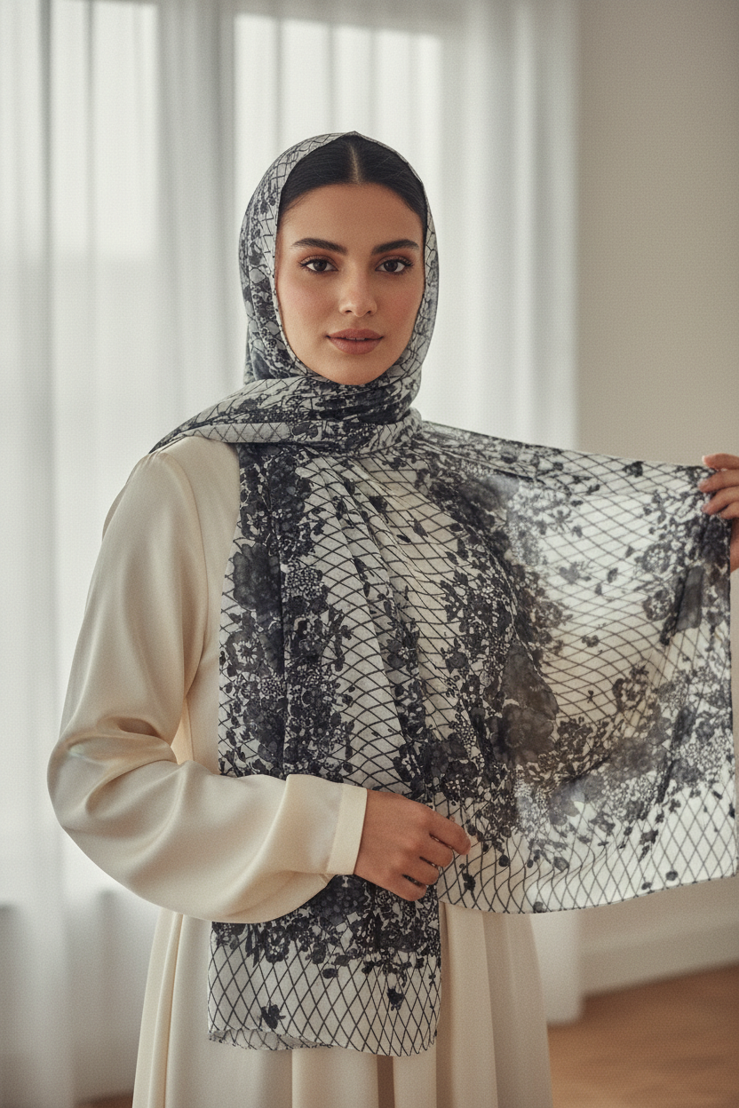 Urban Veil - Lace Premium Printed Modal Hijab - Model Wearing