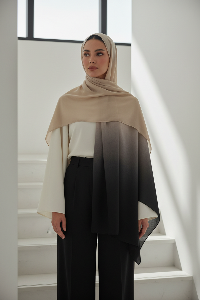 Urban Veil - Ombre Modal Hijab - Beige Black Model