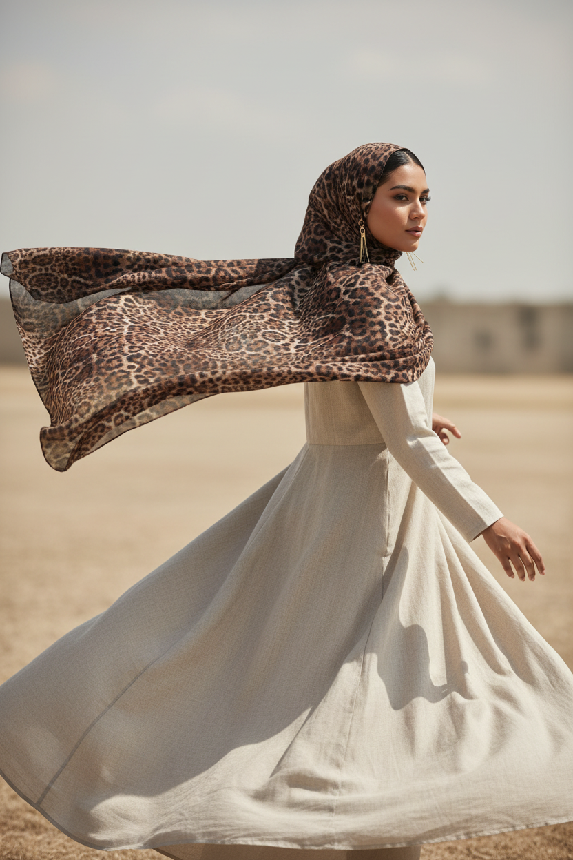 Urban Veil - Safari Cocoa Leopard Print Modal Hijab - Movement Shot