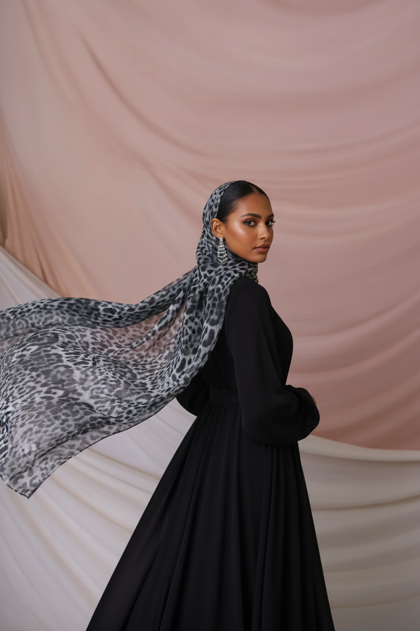 Urban Veil - Safari Snow Leopard Print Modal Hijab - Model Wearing