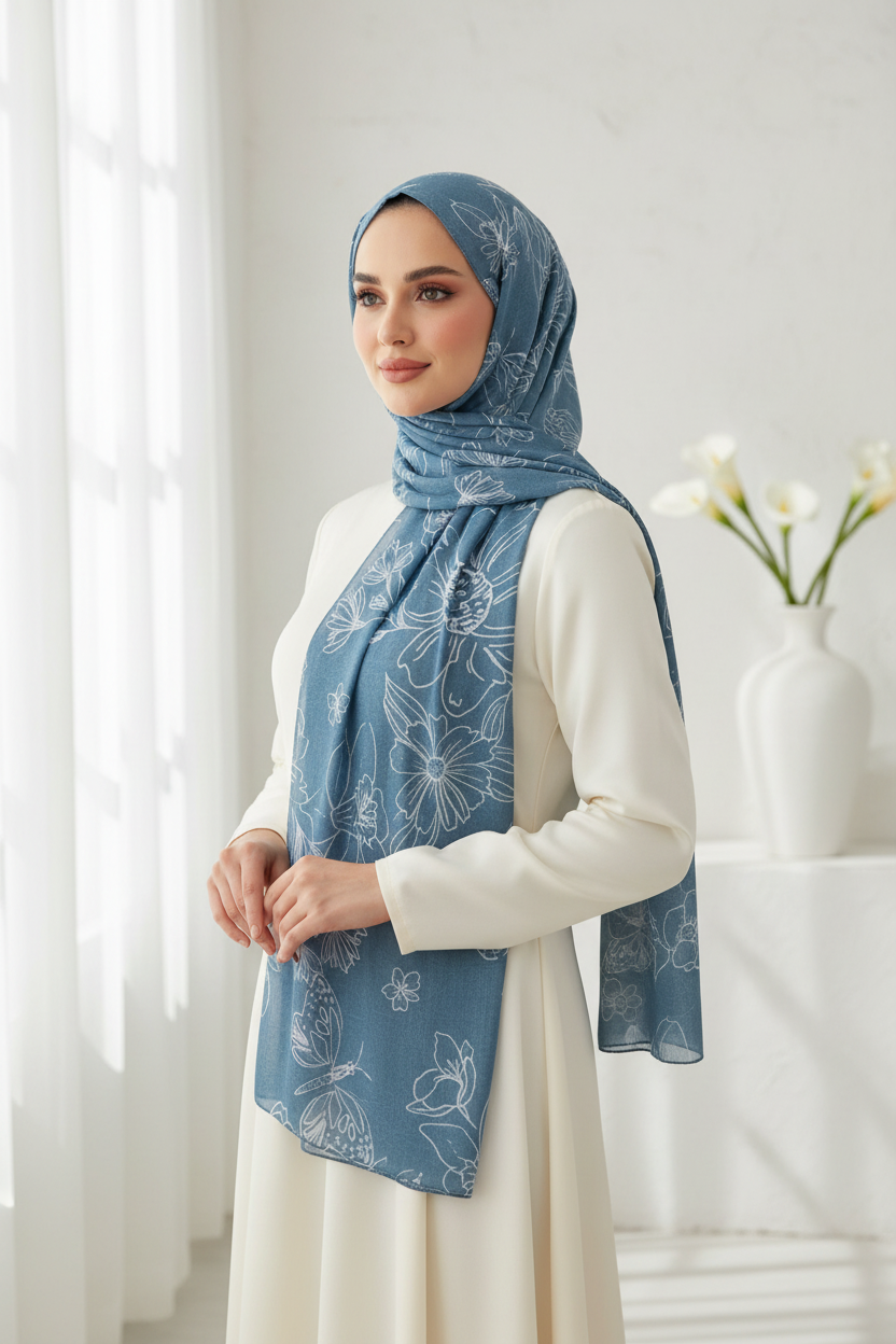 Urban Veil - Spring Capsule Collection Premium Printed Modal Hijabs - Sky Bloom Blue