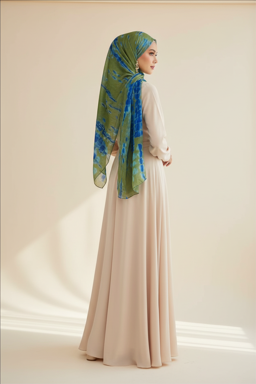 Urban Veil - Tie Dye Bloom Premium Modal Hijab - Back View Maxi Dress 