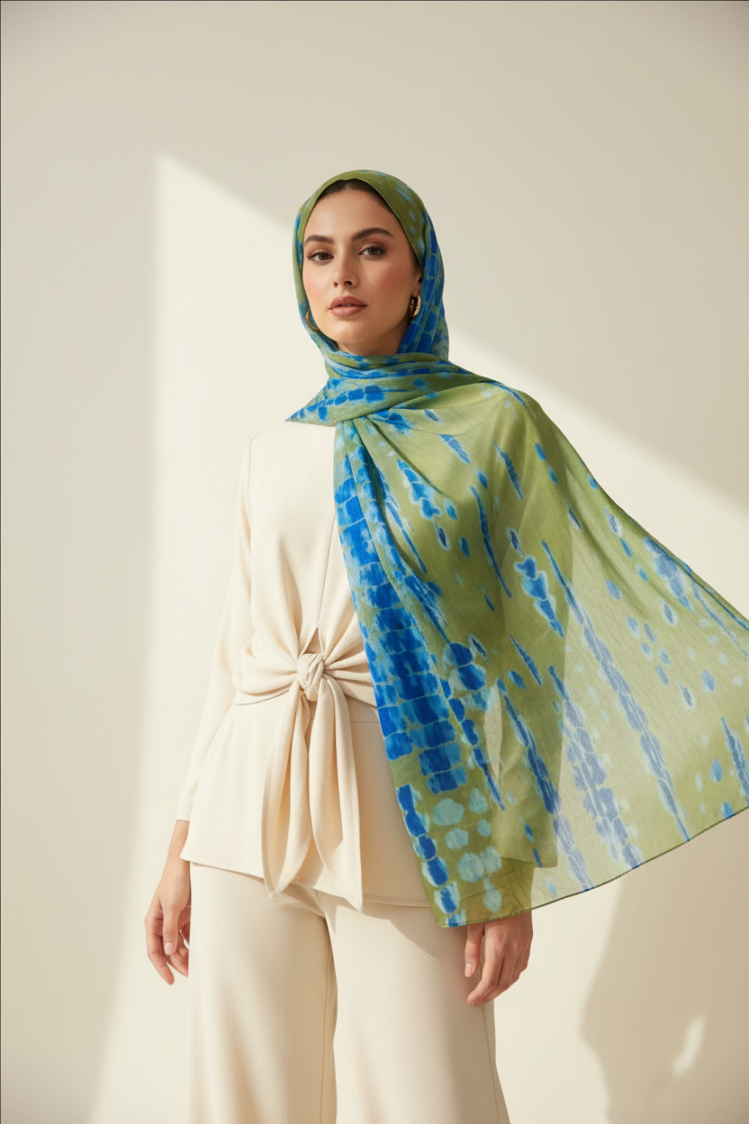 Urban Veil - Tie Dye Bloom Premium Modal Hijab - Cream Outfit