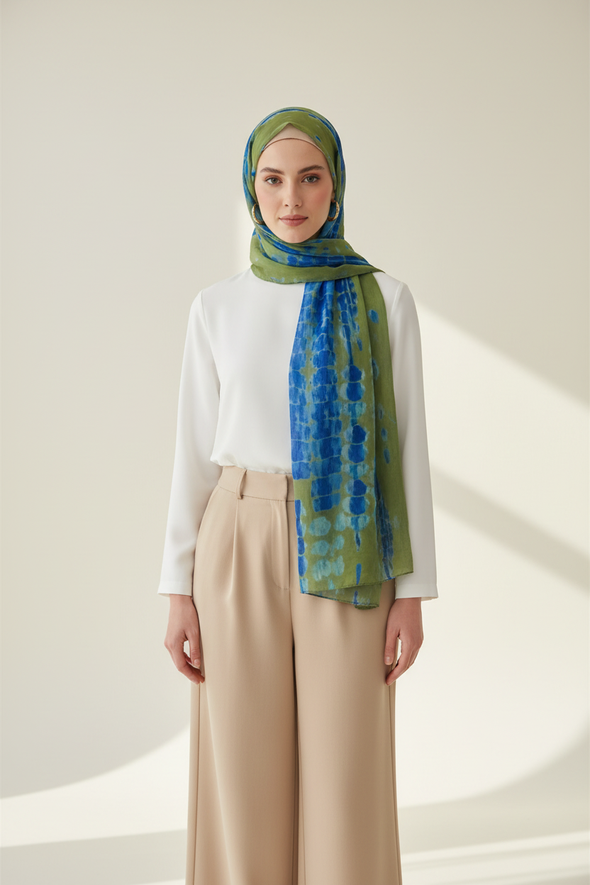 Urban Veil - Tie Dye Bloom Premium Modal Hijab - White Top Beige Pants