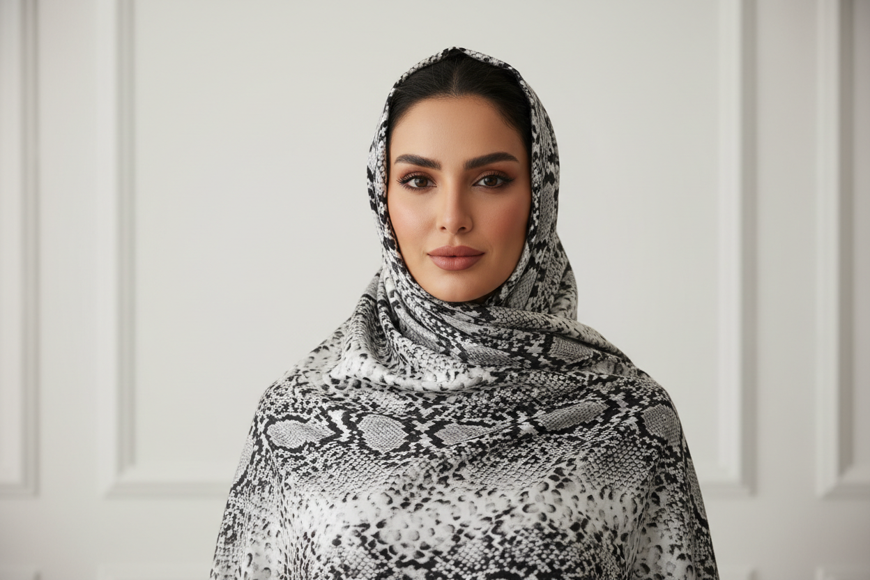 Arab Model Wearing black and white snake skin print Hijab modal fabric