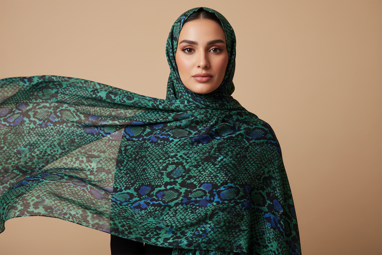 arab model wearing blue, green and black snake skin print modal fabric Hijab