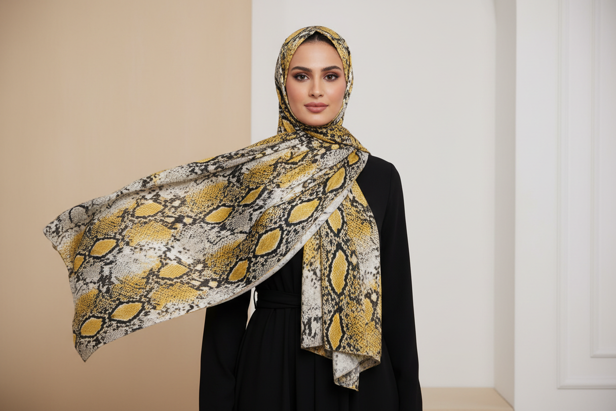 arab model wearing yellow, white and black snake skin print hijab modal fabric