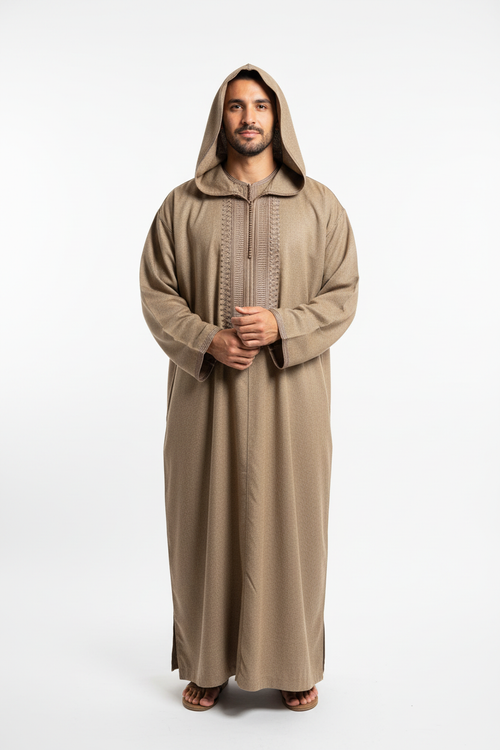 Beige Hooded Djellaba Model