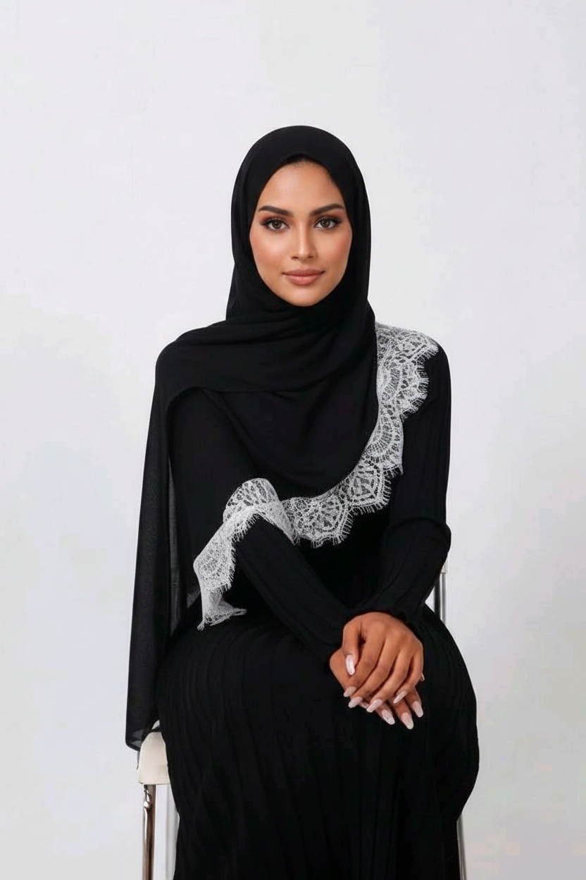 Black Lace Modal Hijab - Arabic Model
