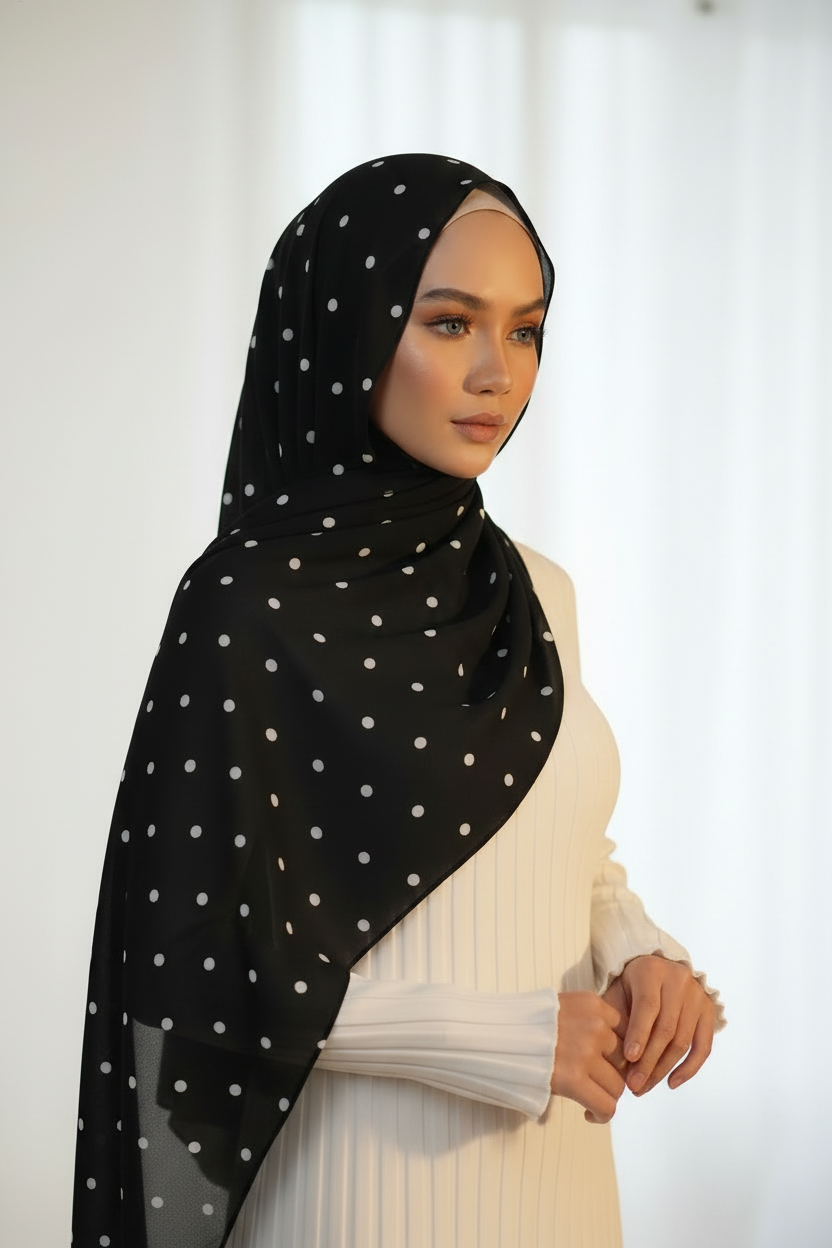 Black Polka Dot Hijab No Undercap - Fair Skin Model