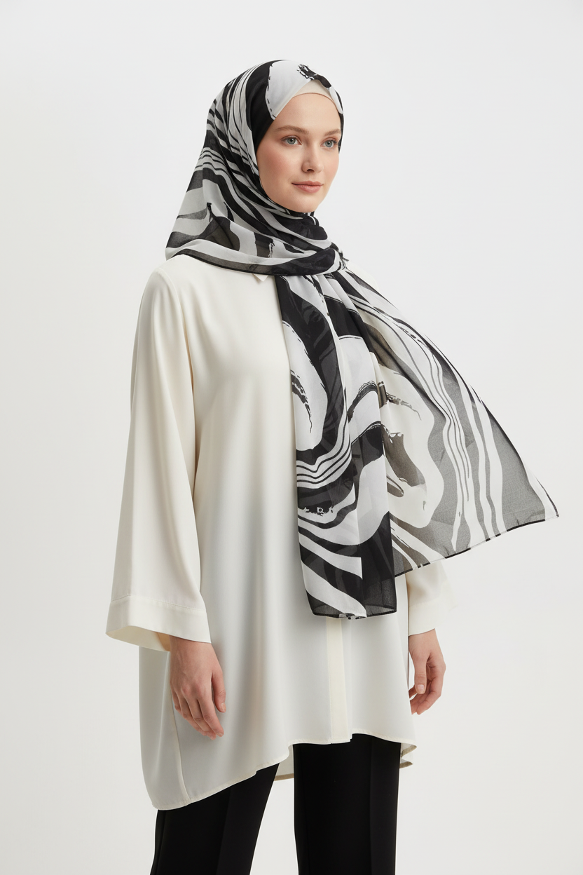 Black White Marble Hijab Styled