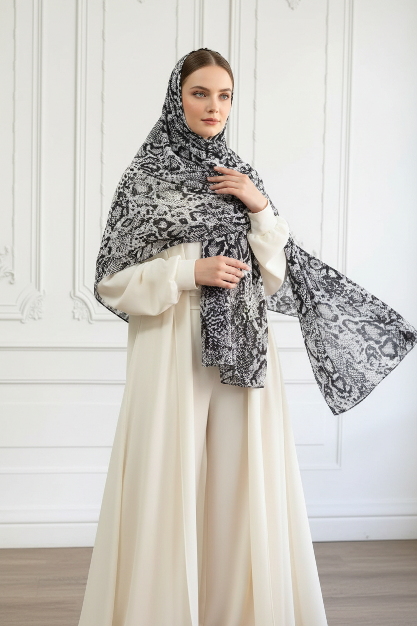 Black White Snake Print Hijab No Undercap