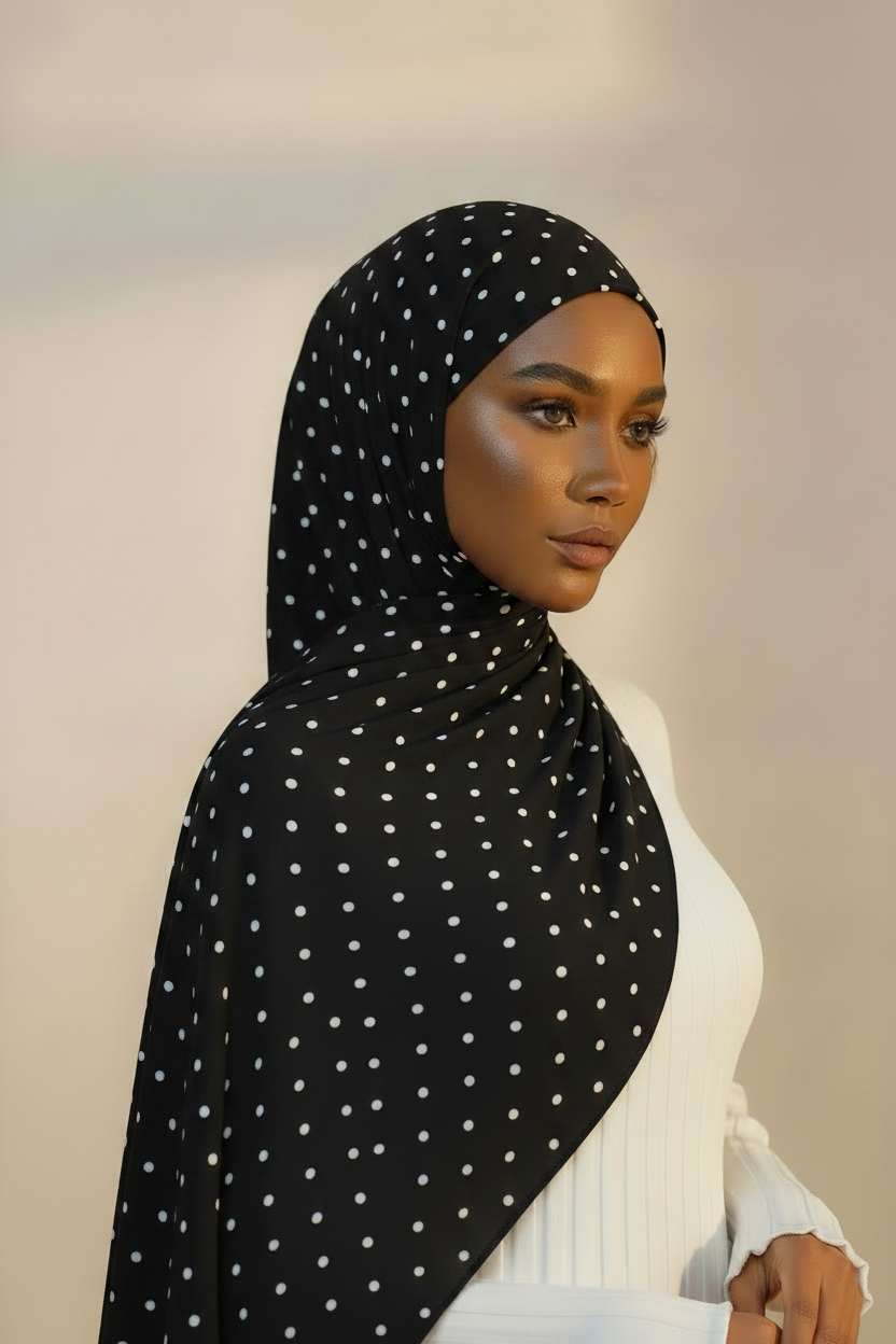 Dark Skin Model - Black Hijab White Polka Dots