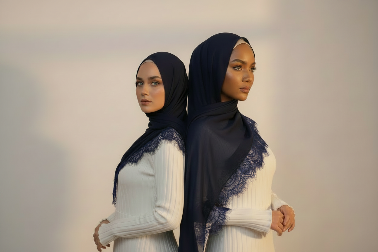 Lace Modal Hijab - Back to Back Navy Blue Lace