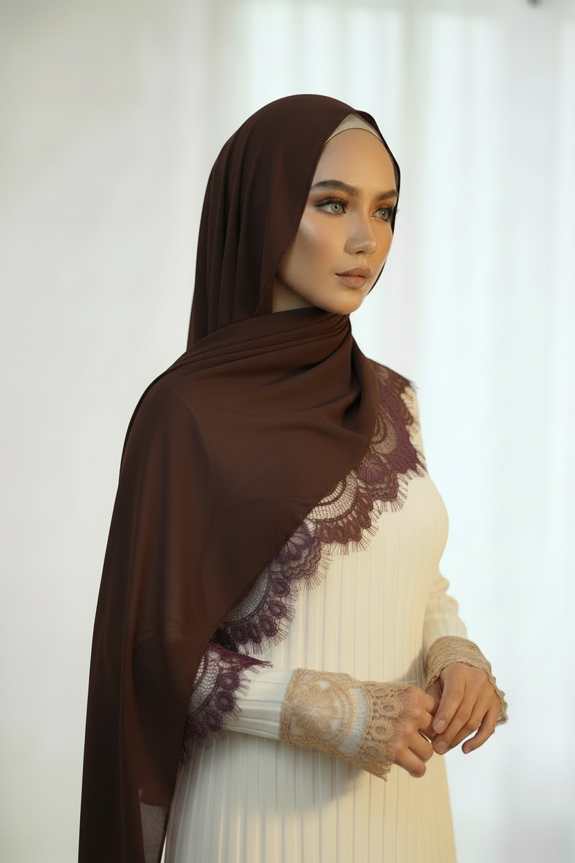 Lace Modal Hijab - Chocolate Brown Fair Model