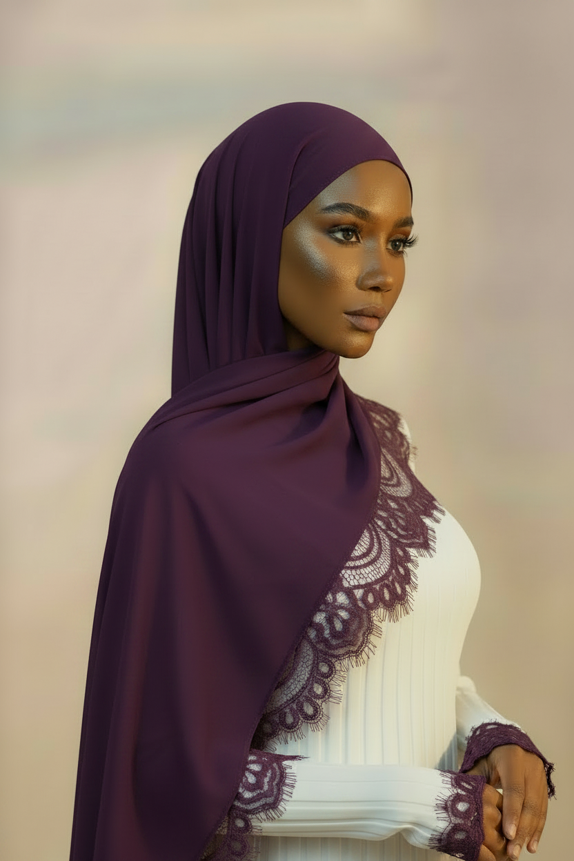 Lace Modal Hijab - Deep Purple Dark Model