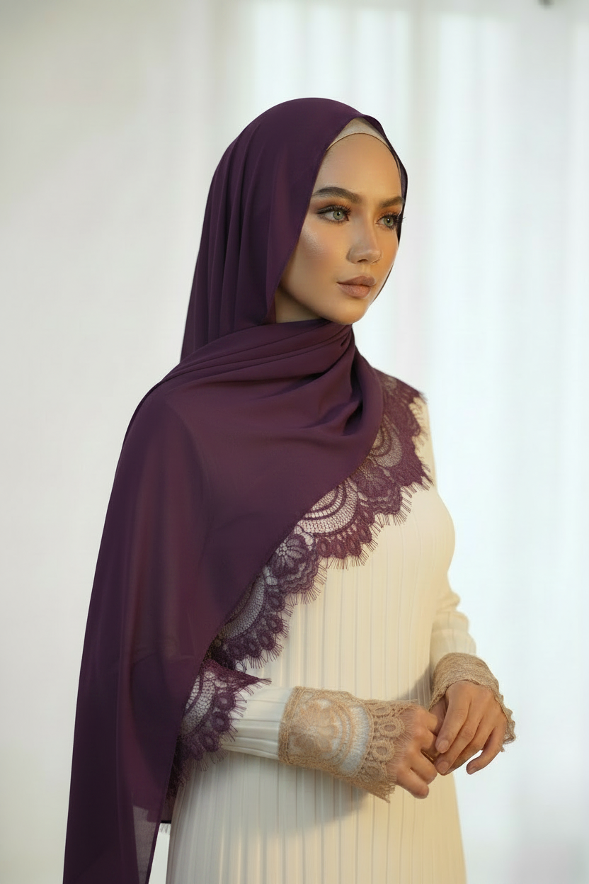 Lace Modal Hijab - Deep Purple Fair Model
