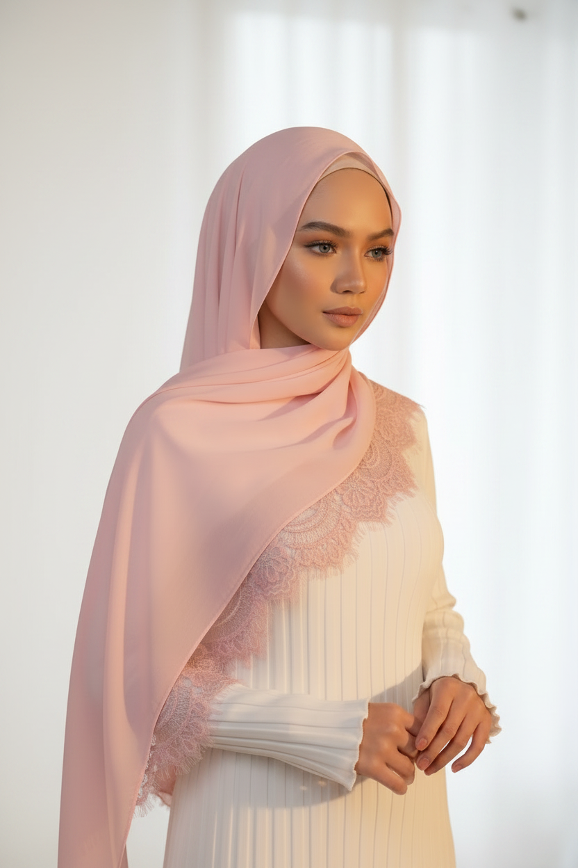 Lace Modal Hijab - Fair Arabic Model Cream Studio