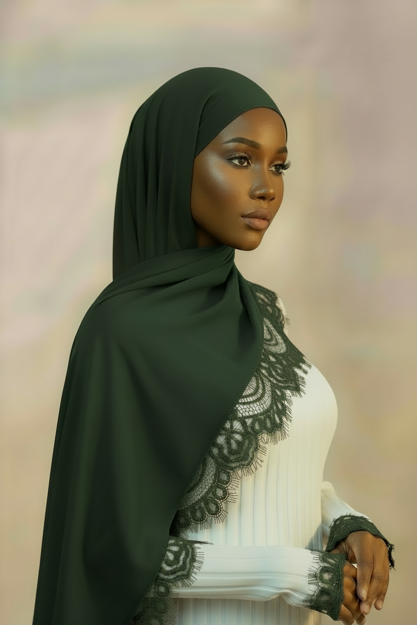 Lace Modal Hijab - Forest Green Matching Lace Mocha Model