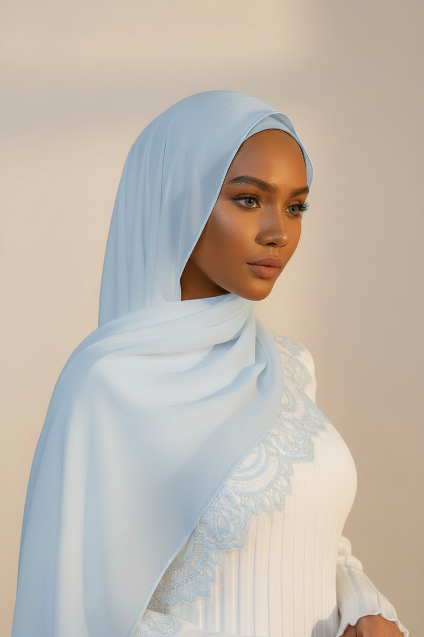 Lace Modal Hijab - Ice Blue with White Dress