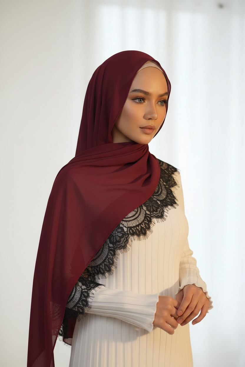 Lace Modal Hijab - Maroon Fair Model