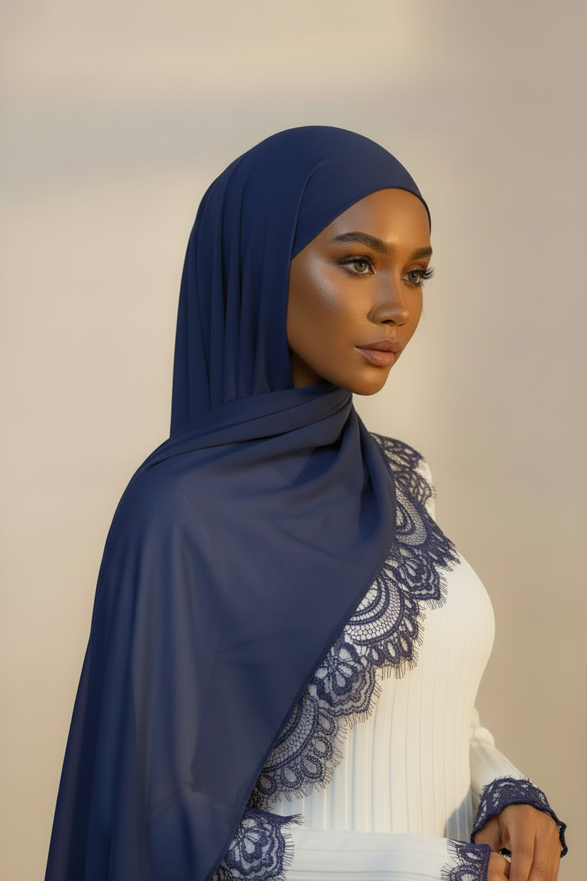 Lace Modal Hijab - Navy Blue Fair Model