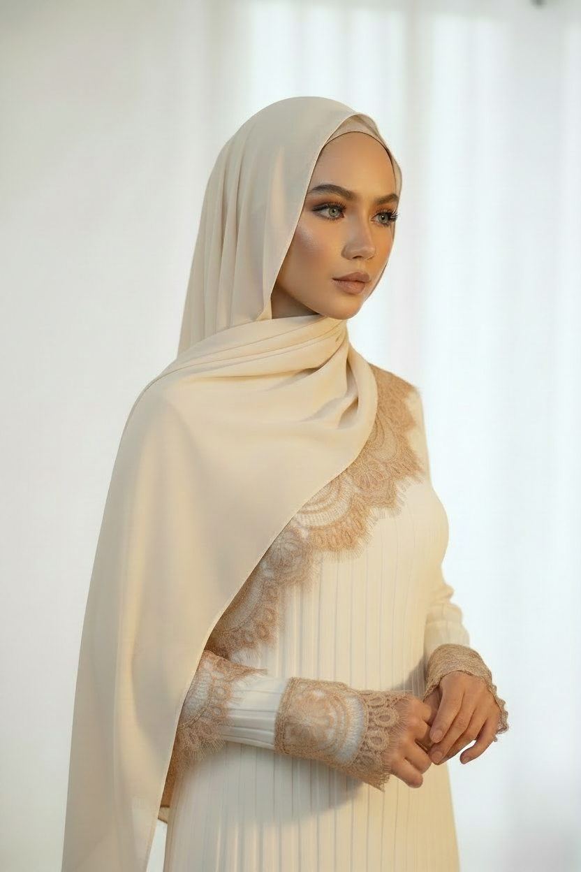 Lace Modal Hijab - Sandy Beige Fair Model