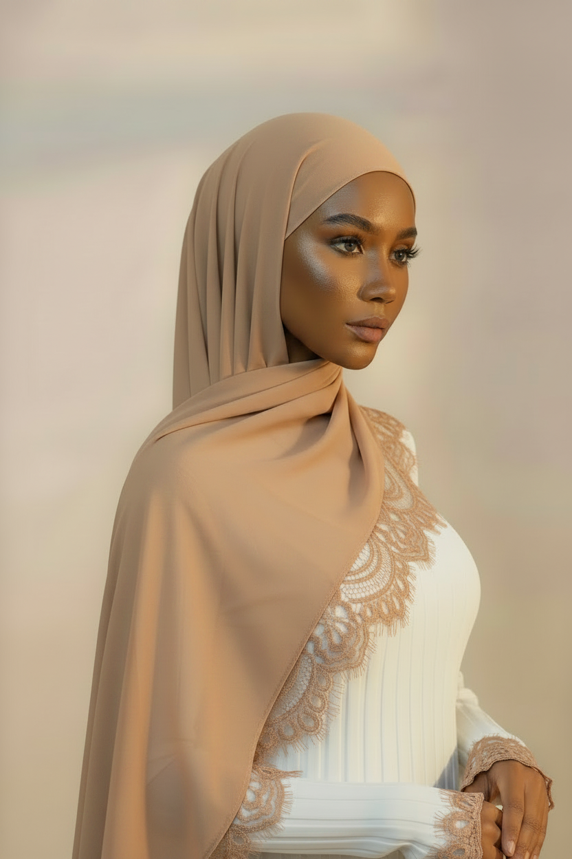 Lace Modal Hijab - Warm Beige Dark Model