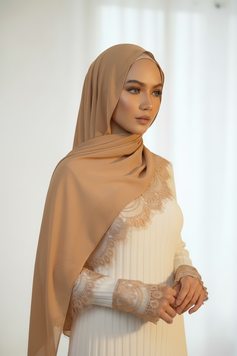 Lace Modal Hijab - Warm Beige Fair Model