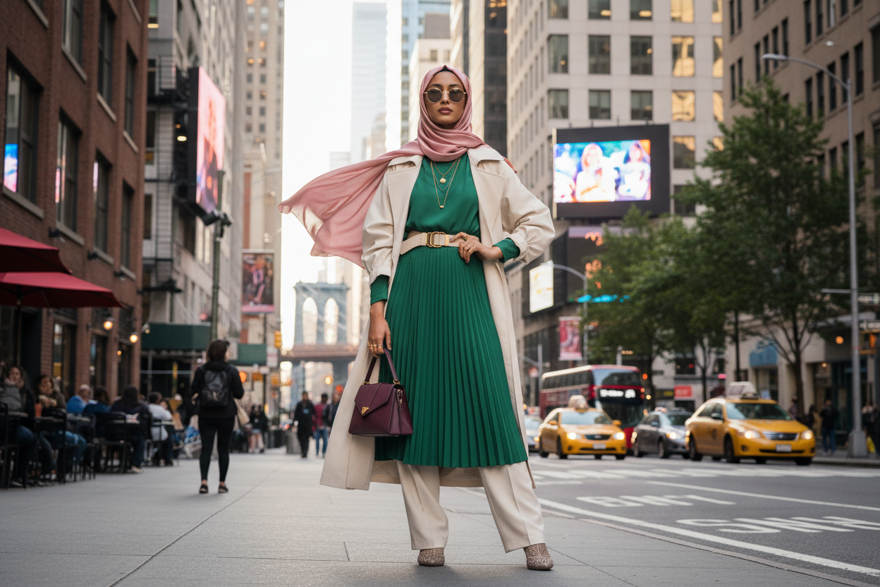 model wearing hijab in a western country