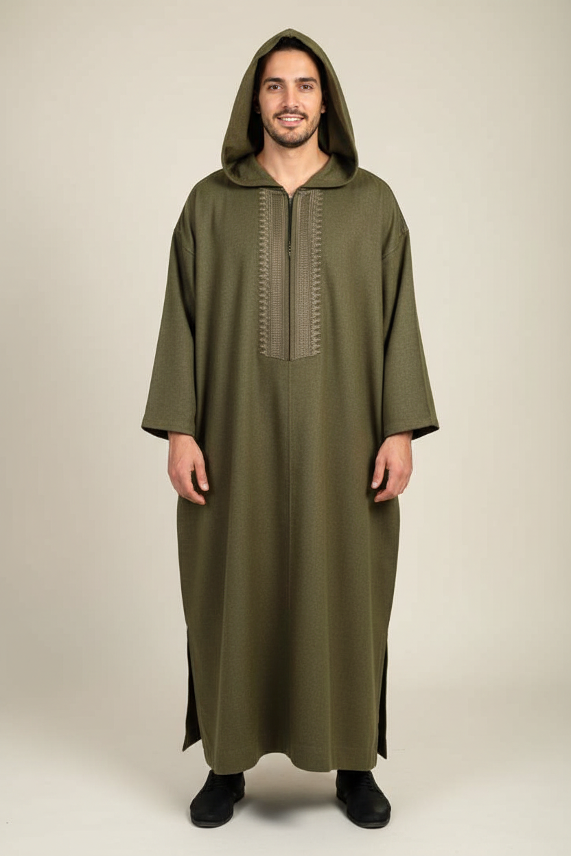 Olive Green Hooded Djellaba on Model