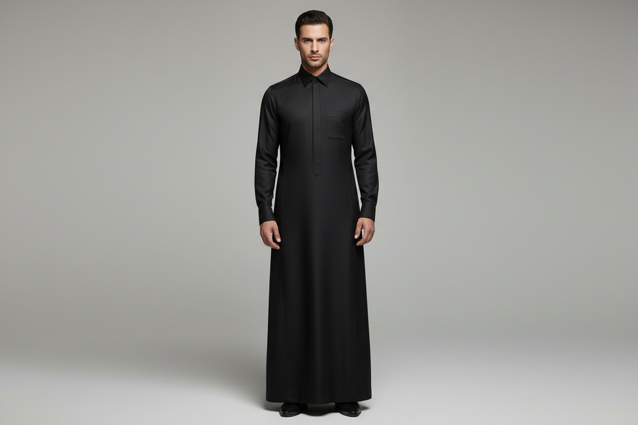 plain thobe with shirt collar and a pocket in black color on arab model