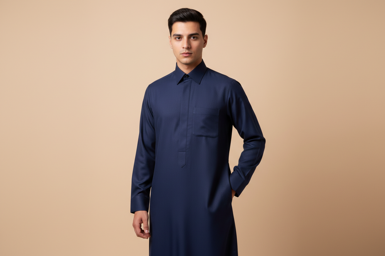 Plain Thobe with shirt collar and a pocket in navy Blue on an arab Model