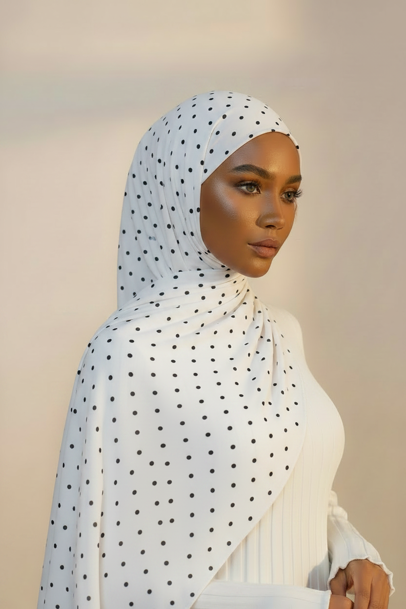 White Black Polka Dot Hijab - Dark Skin Model