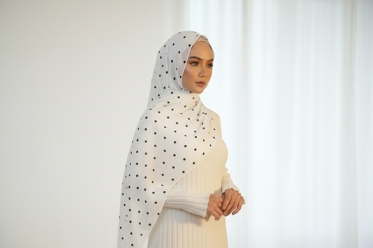 White Hijab with Black Polka Dots